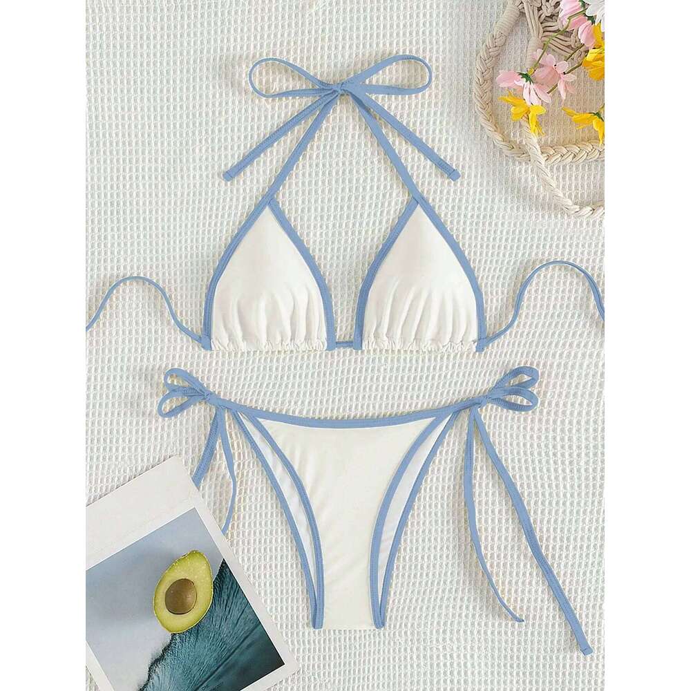Summer white and blue color-block bow-tie pure bikini set suitable for women's beach vacation 26H0313
