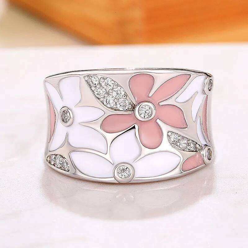 Huitan Aesthetic Enamel Flower Finger for Women Wedding Party New 2023 Ring Silver Color Luxury Cubic Zirconia Jewelry Gift H260312