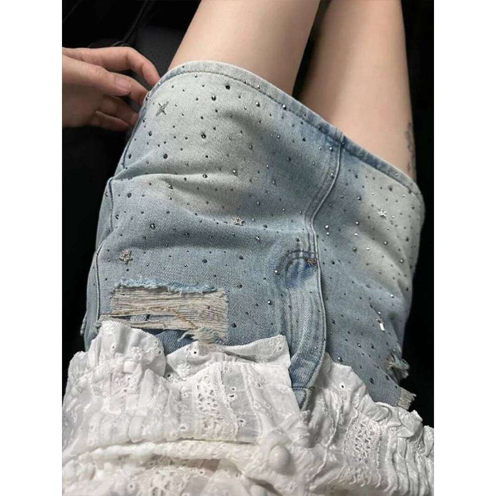 Vintage Denim Starry Skirts Women Mini Rhinestone A-line Korean Style Hot Spicy Girls Summer Streetwear Stylish 4XL Chic Z260314