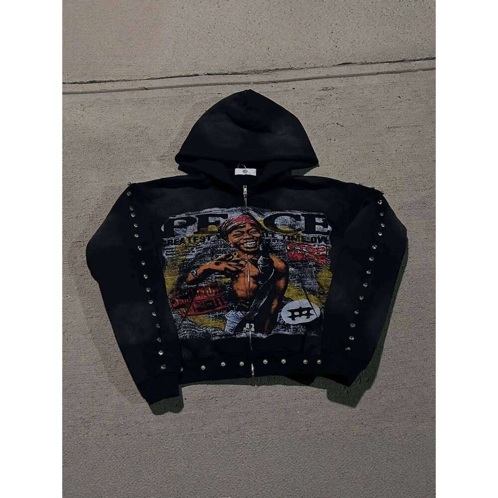 Y2K Aesthetic Pattern Print Hoodie Vintage Punk Gothic Couple Pearl Graffiti 2000s Streetwear 26Y0313