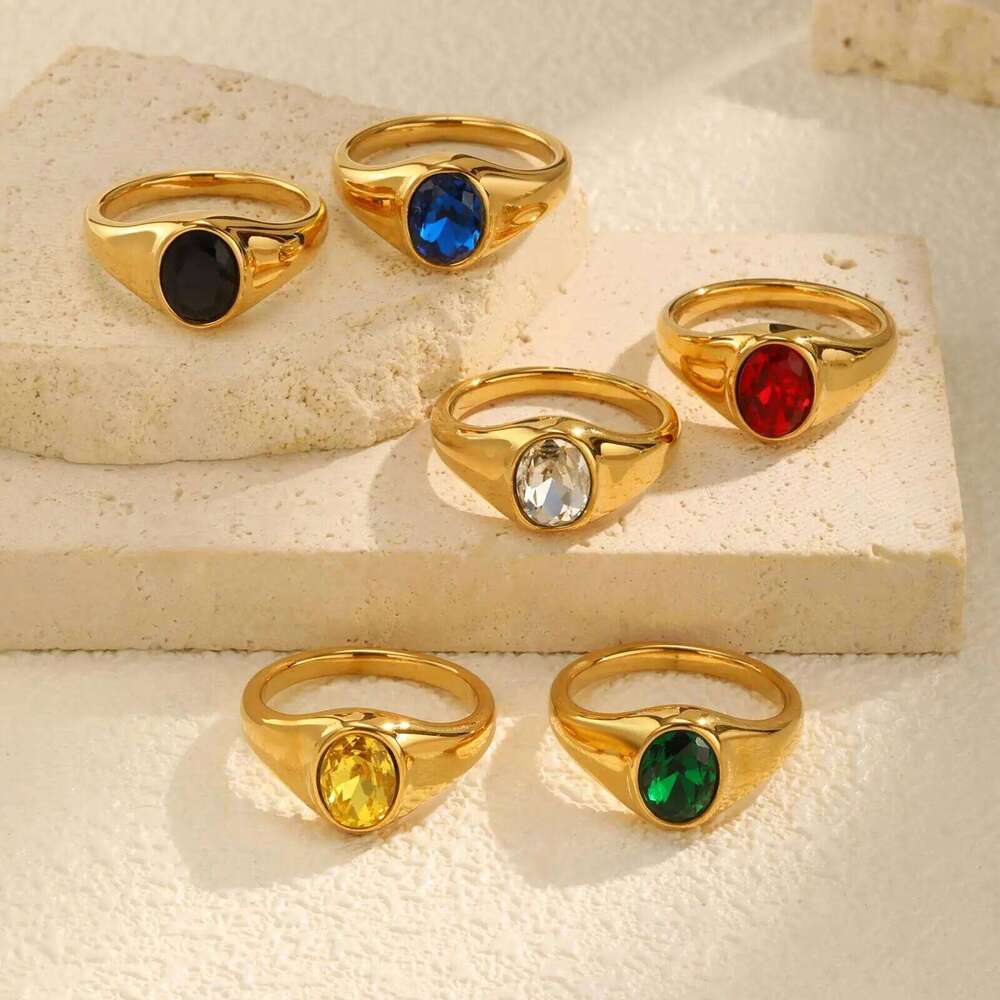 Vnox Minimalist Round Zircon Inlaid Rings For Women Men Stainless Steel Gold Color Elliptical Stone Ring Jewelry Never Lose H260312