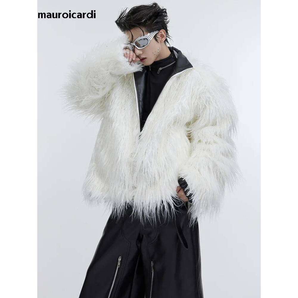 Mauroicardi Winter Short White Thick Warm Shaggy Hairy Soft Faux Mongolian Fur Coat Men High Quality Luxury Fluffy Jacket 2023 Z260313