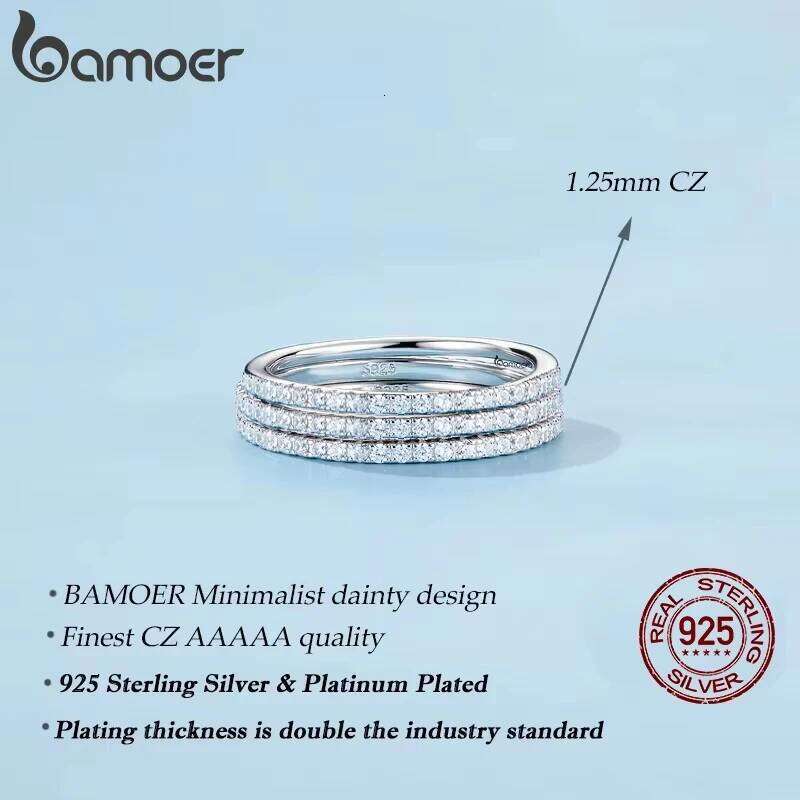 BAMOER White Gold Plated Solid 925 Sterling Silver CZ Simulated Diamond Stackable Ring Eternity Bands for Women H260312