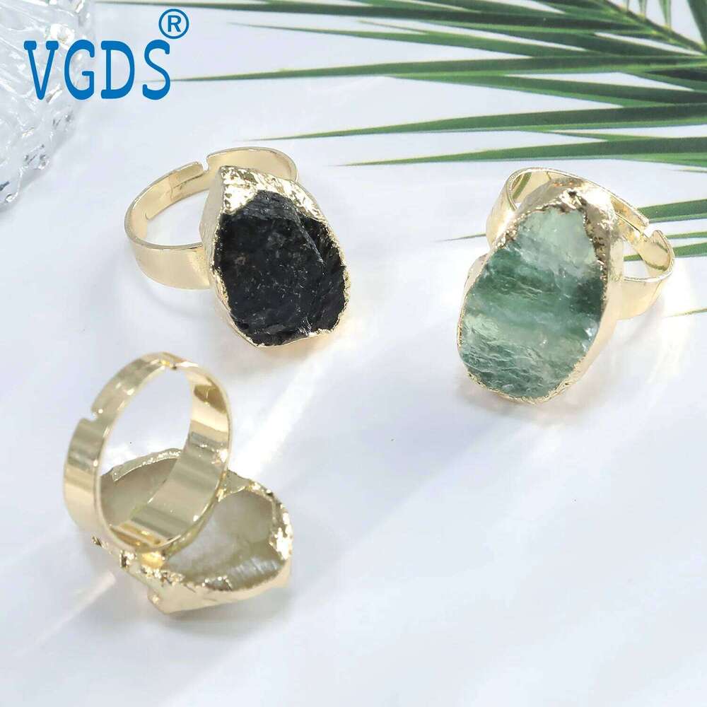 Natural Crystal Amethyst Fluorite Irregular Original Stone Ring Raw Specimen Golden Plated Fashion Charm For Men Women Jewelry H260312