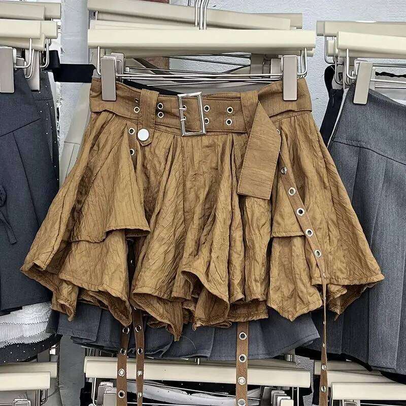 Vintage Harajuku Women High Waist Irregular Pleated American Retro Preppy Style Mini Skirt Y2k Streetwear Z260314