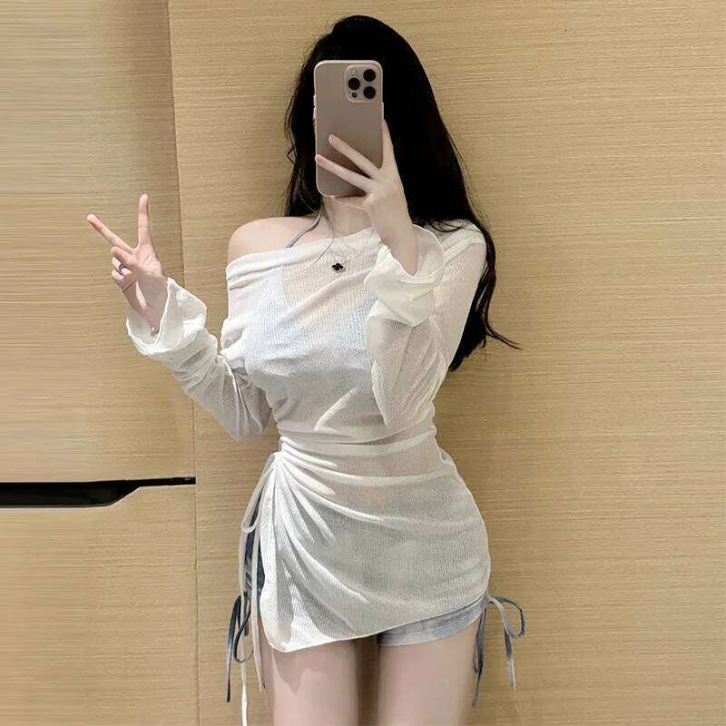 Women's New Swimsuit Tie Dye Blue Sunscreen Split Flat Angle Bikini Cover Three Piece Set for Vacation and Hot Spring Soaking 26H0313