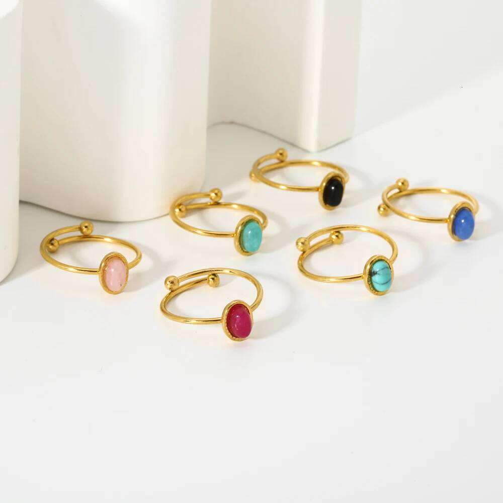 Stainless steel 18k Gold plated Minimalist Natural stone Obsidian Adjustable Stackable ring for Women H260312
