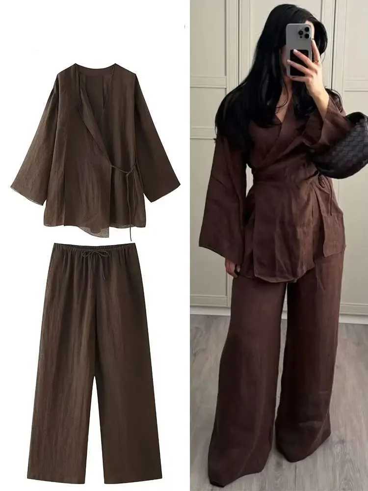 2024 Woman Trouser Set Solid V Neck Casual Kimono Style Lace Up Shirt Top Elastic Waist Wild Womens Wide Leg Long Pant M260313