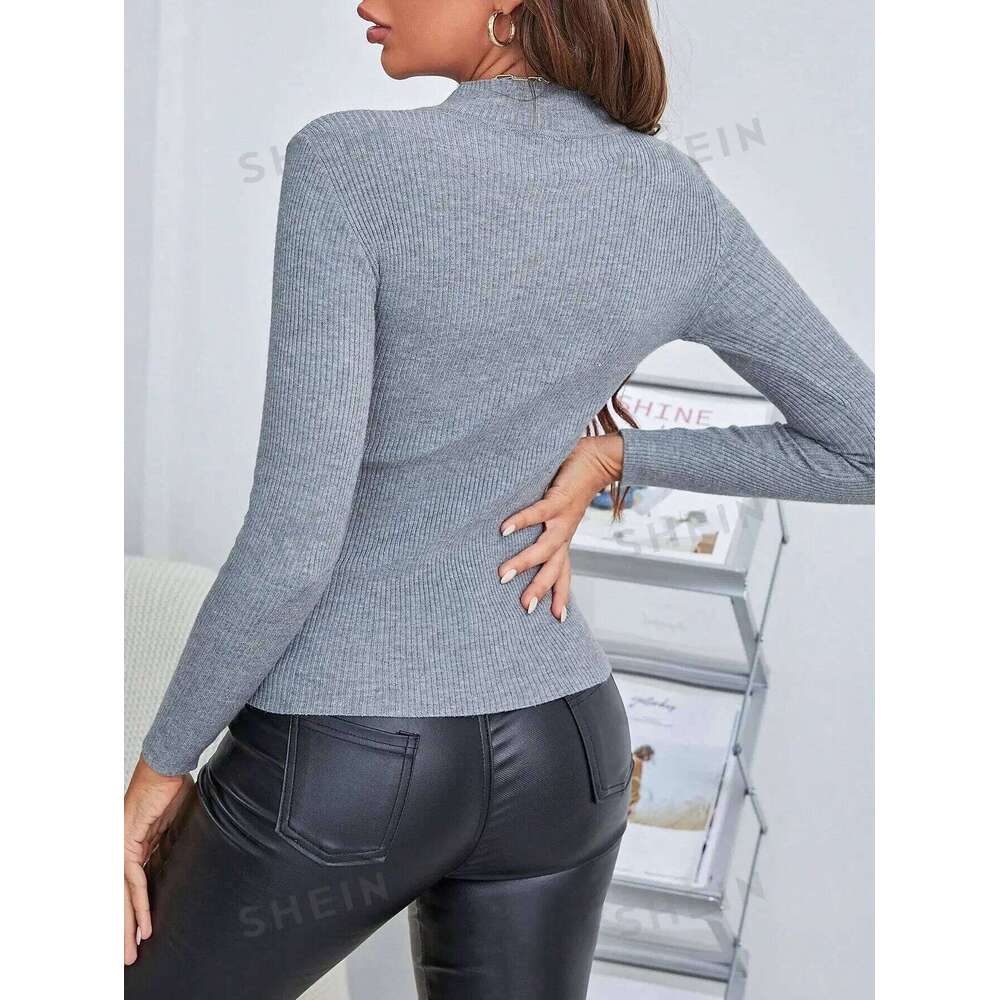 Gray Knitted Sweater For Women Basic Pullovers Slim Fit Stand Collar Long Sleeve Spring Autumn Female Casual Stripes Red Tops Z260313