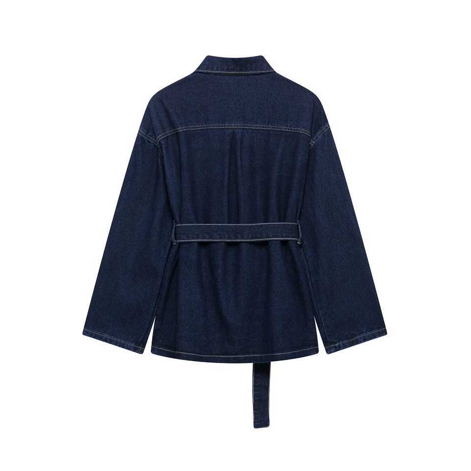 DUOPERI Women Fashion 2 Pieces Sets With Belt Denim Jackets Vintage Front Zipper Jeans Trousers Feamle Chic Lady Pants Sets M260313