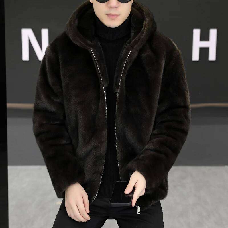 2025 Winter Mink Leather Jacket for Men Thick and Warm Hooded Faux Fur Coat Casual Social Streetwear Windproof Jackets Z260313