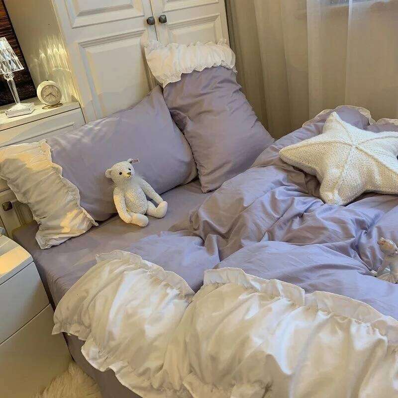 Korea Princess Purple Bedding Sets Bed Pillowcases Duvet Cover 3/4 Pieces Home Decoration Washed Cotton Flat Sheet Set H260312 - view 3