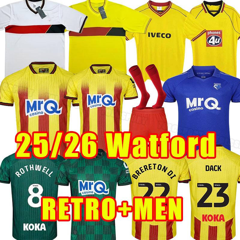 Watfords 2025 2026 Soccer Jerseys ETEBO KING DEENEY JOAO PEDRO SEMA LOUZA CHALOBAH GOSLING SARR CUCHO CLEVERLEY Jersey Men Football Shirt retro 85 86 87 88 99 01