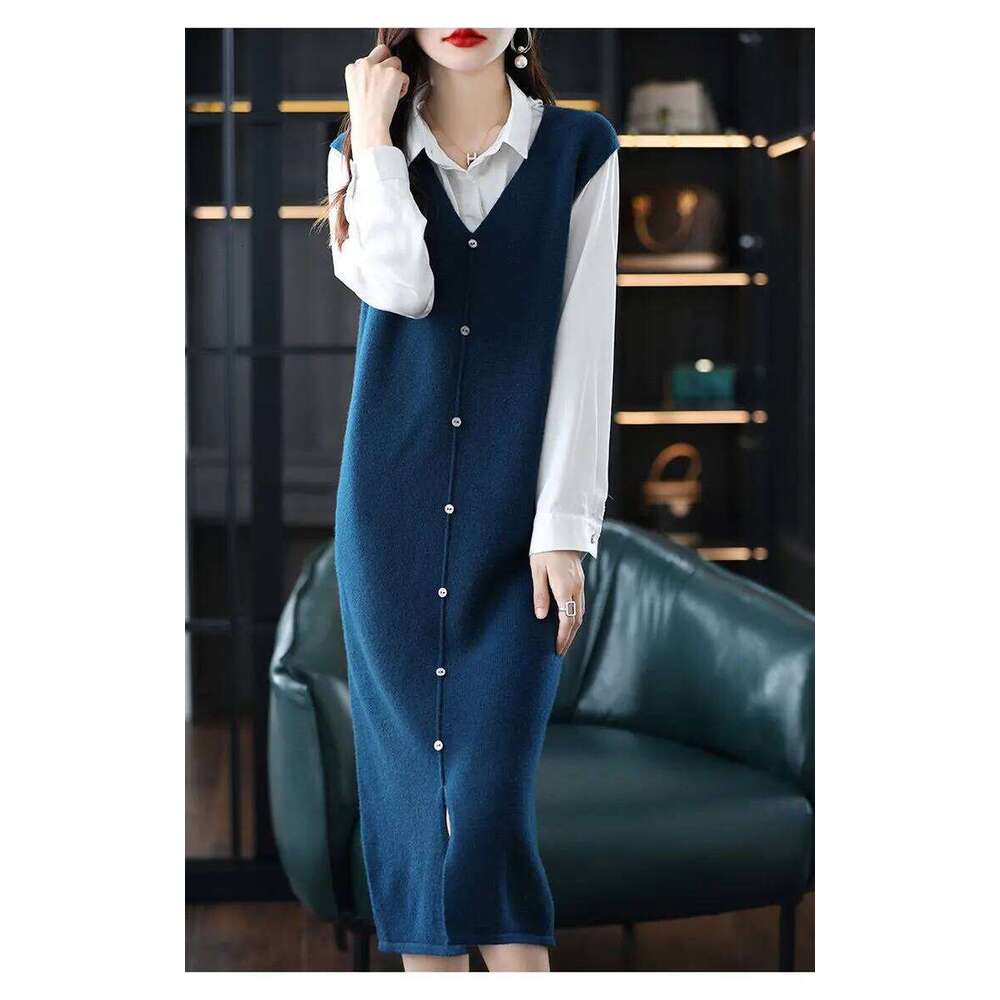 Medium to Long Sleeveless Knitted Knee Length Autumn Winter V-neck Solid Dress Stylish Sweater Vest Skirt Z260313