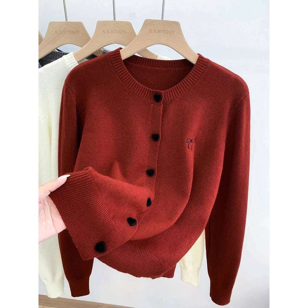 2026 Korean Casual Solid Tops Women O-Neck Single Breasted Heart Button Sweater Bow Embroidery Knitted Cardigan Woman Clothes Z260314