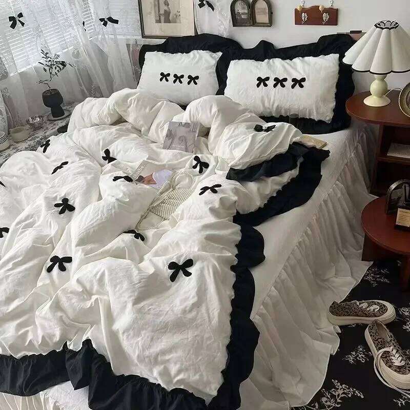 Y Home Ins Girl Bow Lace Washed Cotton Four-Piece Set Available For four Seasons Bed Skirt Bedding 4 Dormitory Three-piece set H260312 - view 3