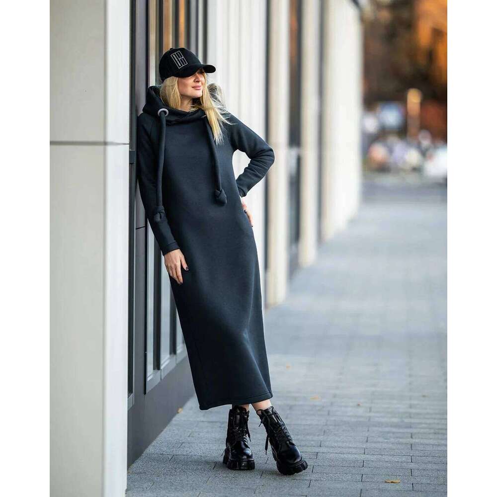 Women Fashion Autumn Winter New Loose Large Knitted Hooded Long Velvet Hoodie Casual Splicing Warm Dress Z260313