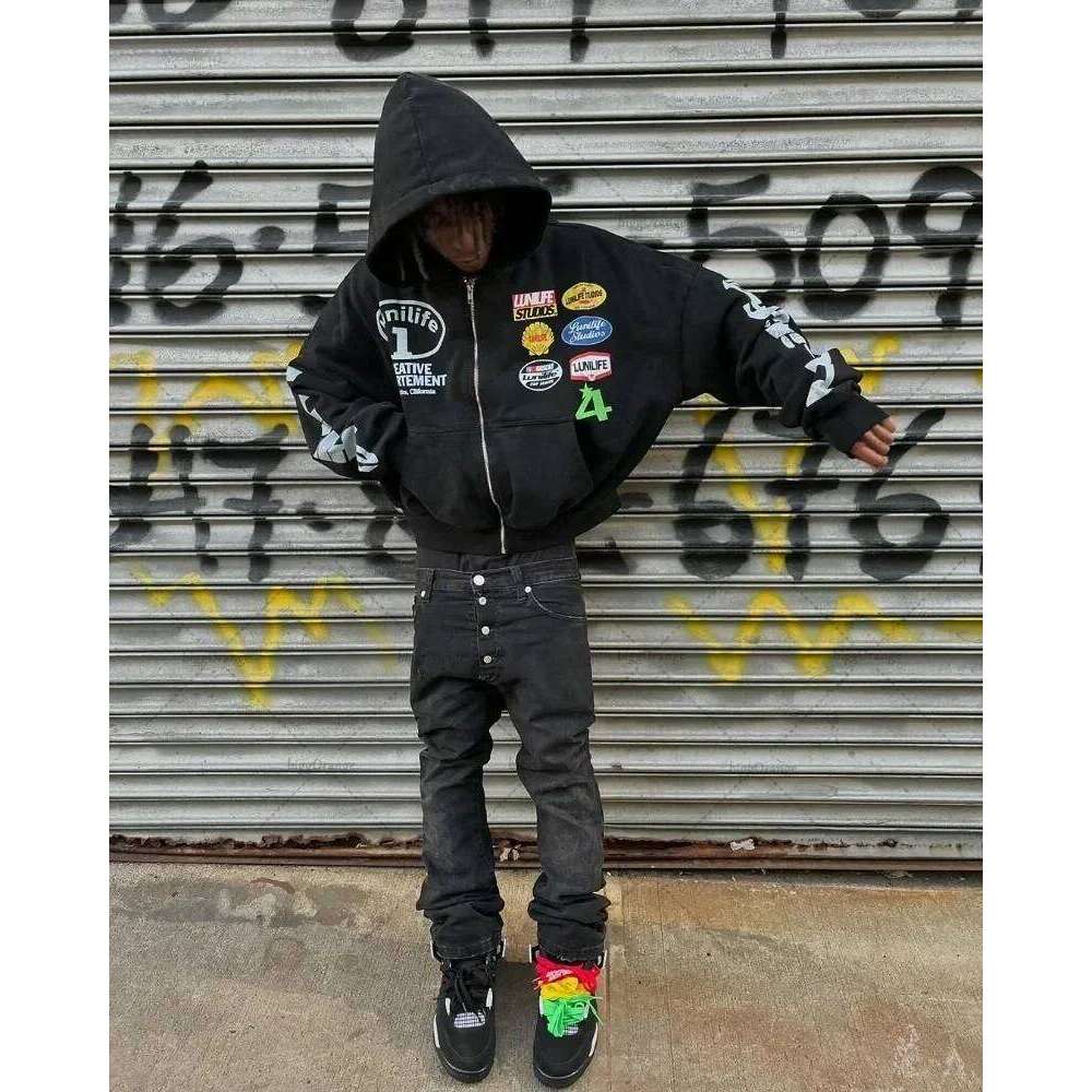 New zip up hoodies Y2K Harajuku Punk Casual Clothes Trend Streetwear American Vintage Badge Print Zipper Hoodie for Men Z260315