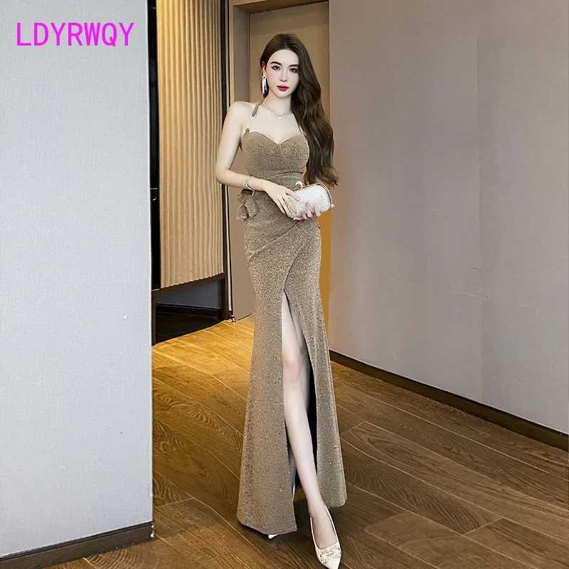 Sexy low cut hanging neck slit floor dragging womens long dress annual party temperament host dress socialite banquet dressT260316