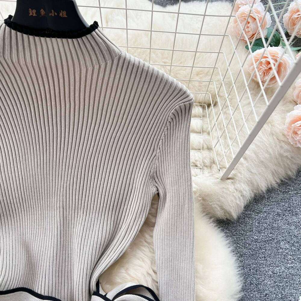 Elegant Contrast Ribbed Knitted Bodycon Long Dress Women Autumn Winter With Belt Bandage Streetwear Stretch Lady Dresses Z260313