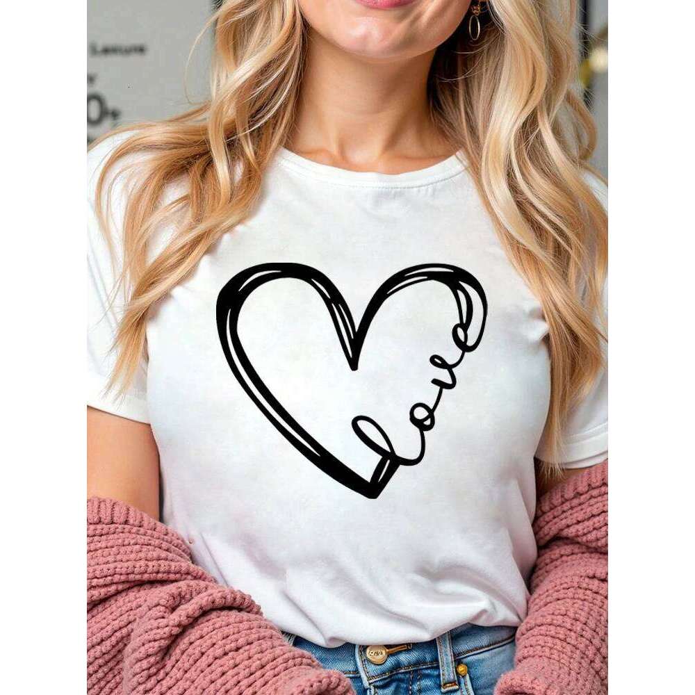 Love Heart Printed Trend Women Fashion Clothing Graphic T-shirts Clothes Print Female Shirt Short Sleeve Lady Casual Tee Z260314