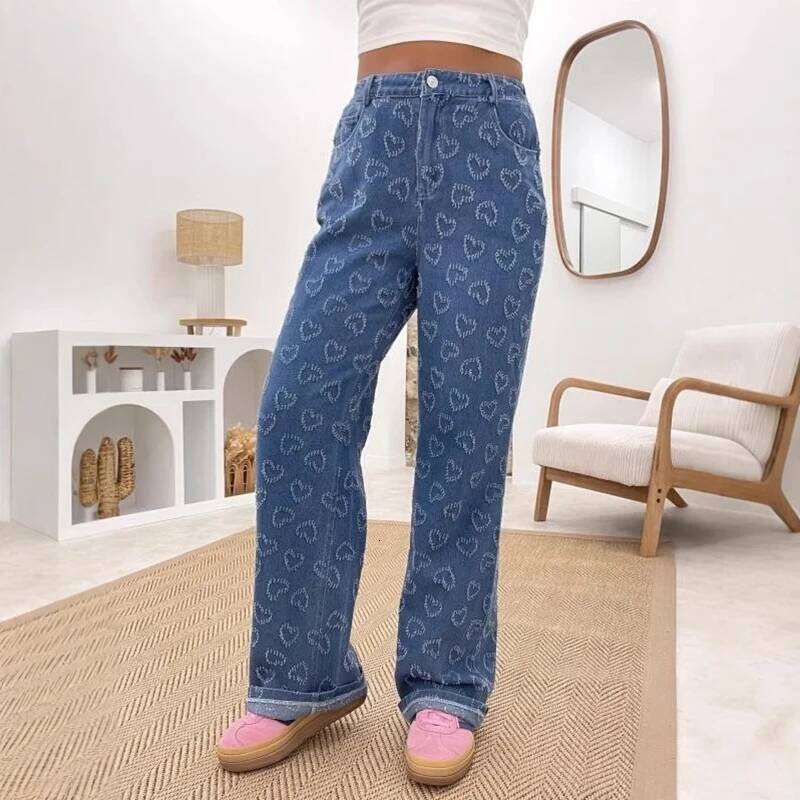 2025 Women Jeans Straight Pants Streetwear High Waist Heart Hook Flower Button Pockets Washed Distressed Vintage Trousers Denims Z260313