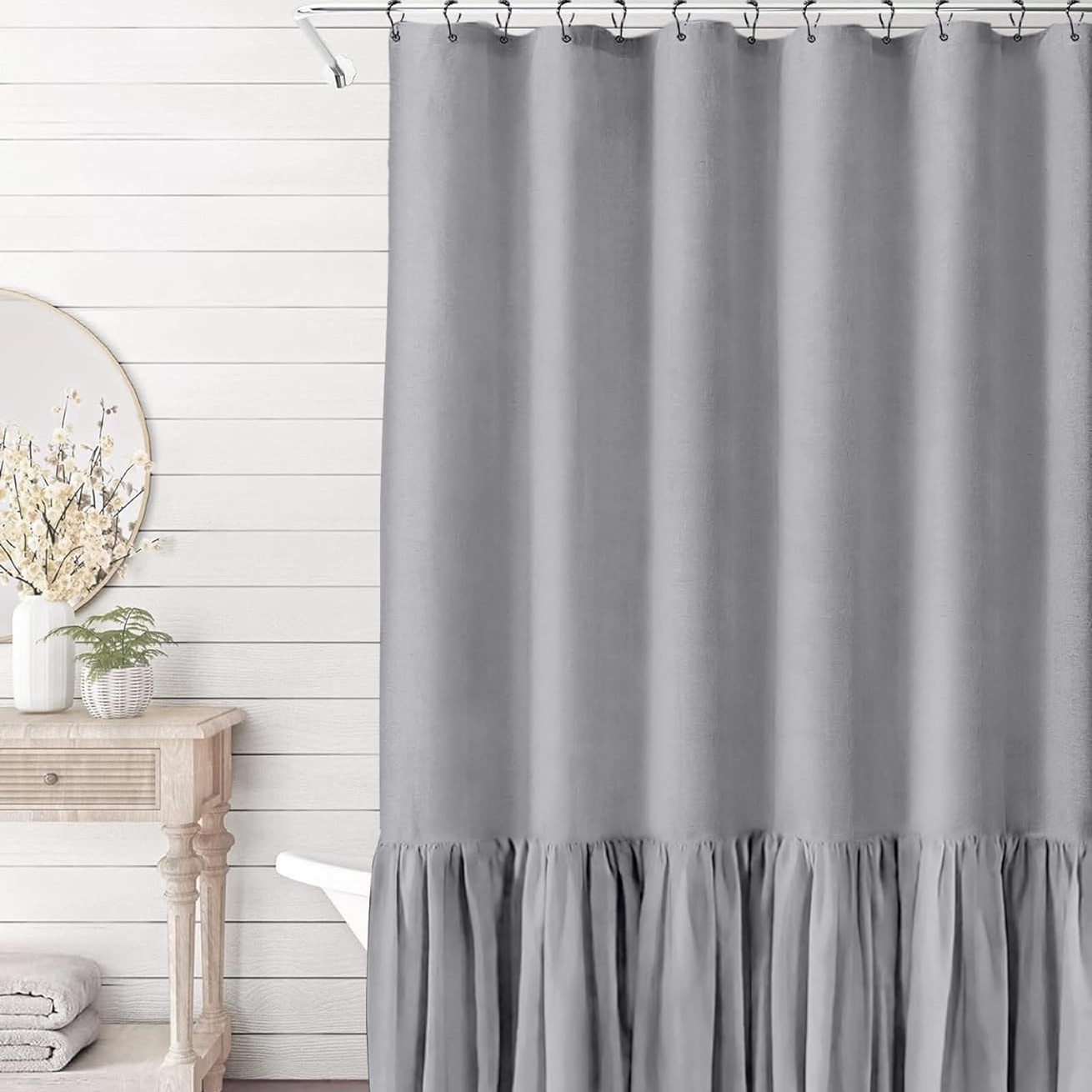 YL-38339 Toilet Partition Curtain with Lace Trim, Plain Color Patchwork Skirt Hem, Cotton Linen Waterproof Ruffle Edge Linen