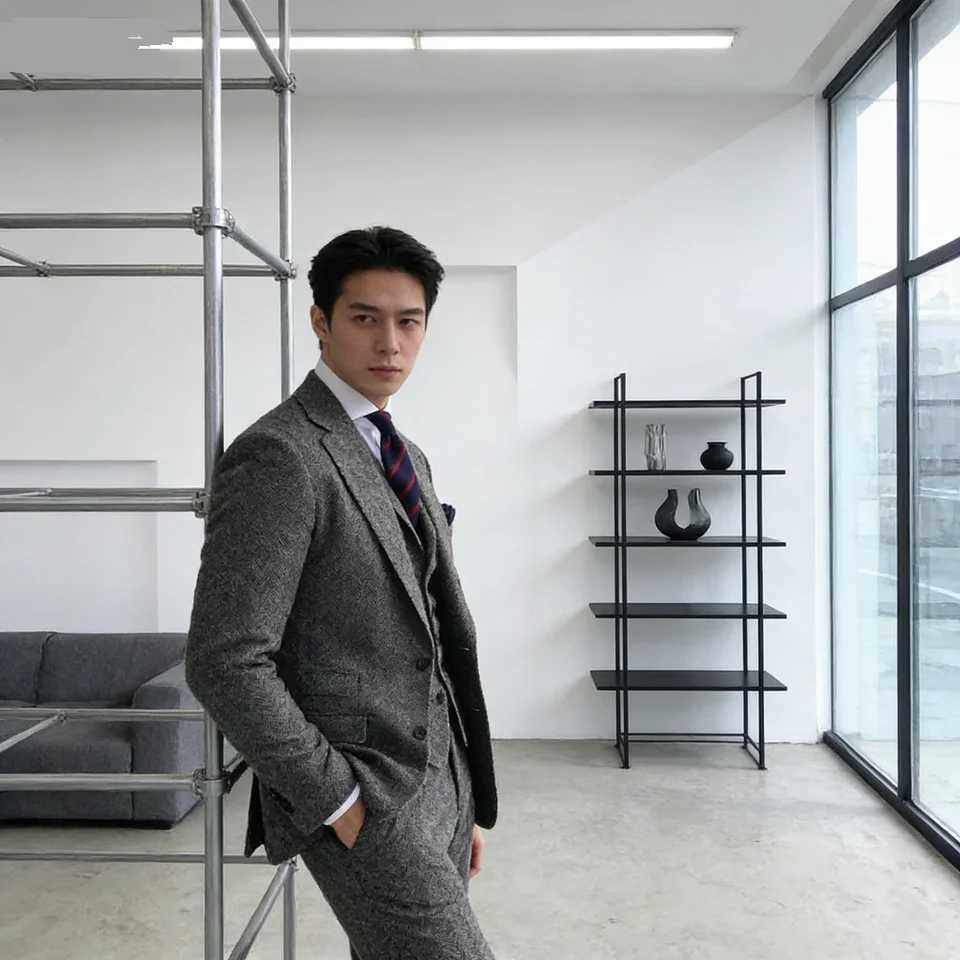 Mens Winter Tweed Wool Grey Slim Fit Formal Wedding Terno Fishbone 3 Piece Smoking Suit Male Ternos Ca M260313