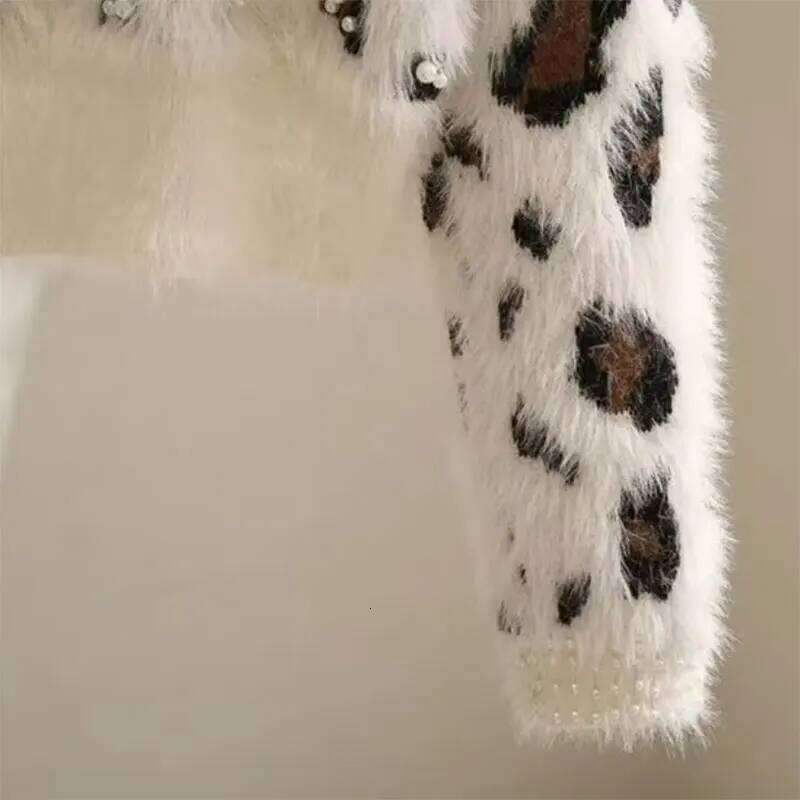 Leopard Pearls Vintage Mink Knit O-Neck Long Sleeve Pullover Women's Sweater Female Sweaters Tops Woman Clothing Fashion 2025 Z260313