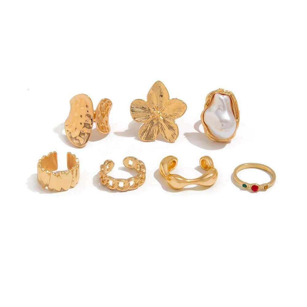 Ingemark 2025 New Fashion Metal Flower Open for Women Creative Baroque Imitation Pearl Rings Y2K Bridal Wed Jewelry Gift H260312