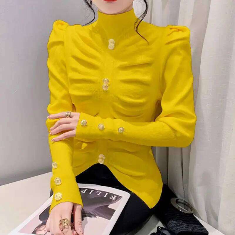 Semi-turtleneck Sweater Women's Bubble Sleeves Slim-fit Knitted Pullover Pleated 2024 Autumn New Long-sleeved Temperament Top Z260314