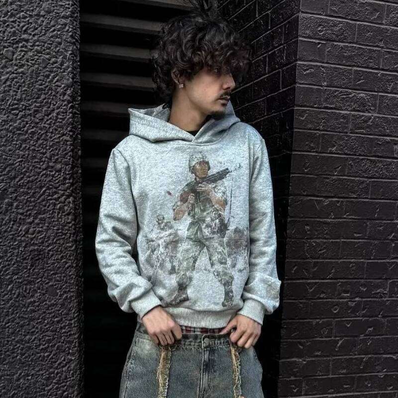 European American autumn winter sweatshirt pullover retro printing pictures men and women same gray loose hoodie Z260315