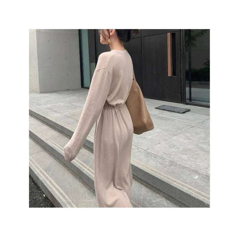 2025 Autumn Winter Korean Style Simple Elegant Women Slimming Solid Color Medium-length Knee-length Drawstring Knit Dress Z260313