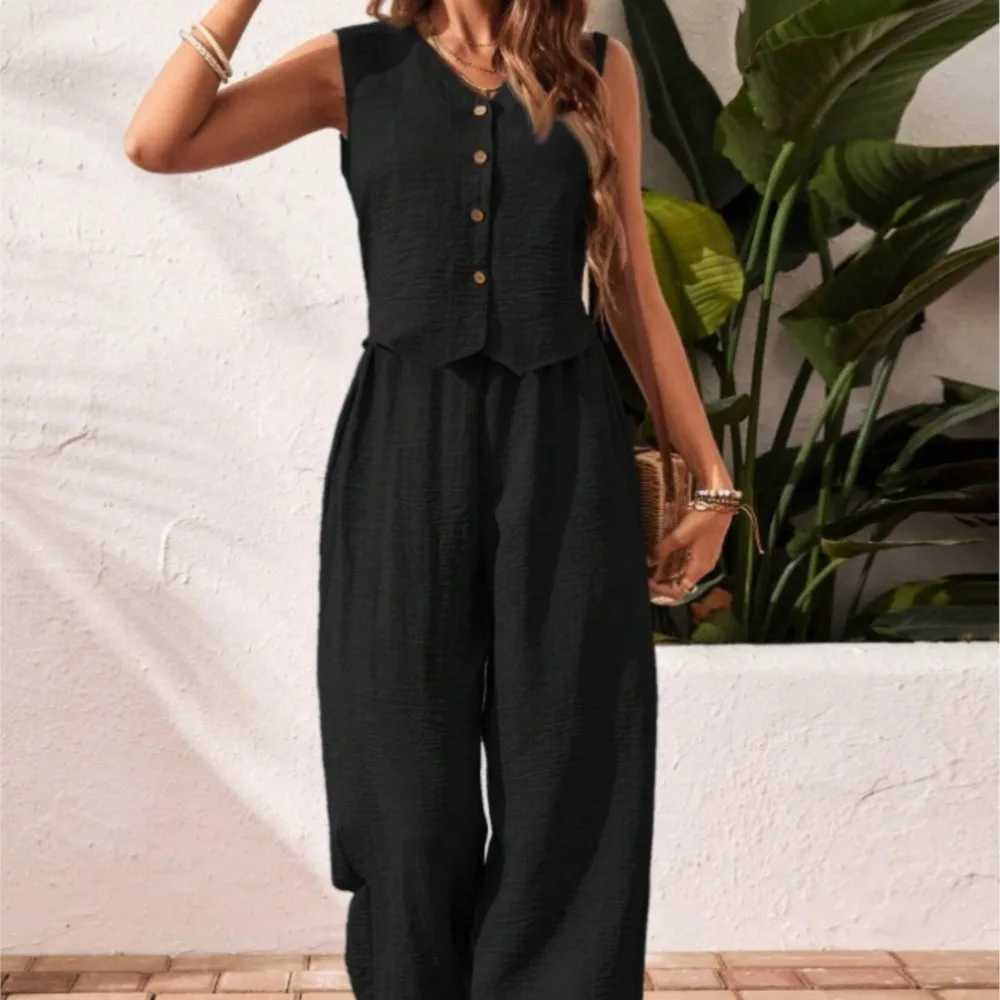 Casual Cotton Trousers Set Summer Loose Comfortable V-neck Single-breasted Sleeveless Vest Elastic Waist Trousers Two-piece Set M260313