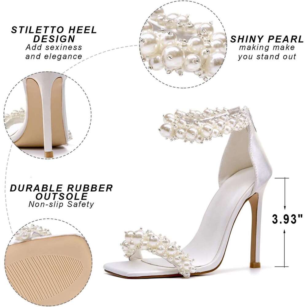 Women S Pearl Stiletto Heels Sandals Sexy Open Square Toe Sparkly Ankle Back Zipper Bridal Satin Wedding Party Dressy Heels Shoes MOJIDASHU