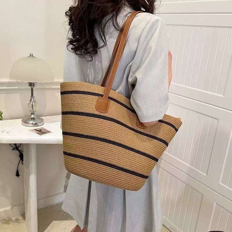 Pastoral Style Woven Women's Casual Versatile Beach New Trendy Fashion Striped Shoulder Underarm Straw Bag
