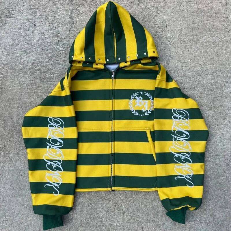 Y2K Retro Stripe Sweatshirt Rivet Embroidery Street Kid Zip Up Hoodie New Hip Hop Color Blocking Streetwear Unisex Boxy Clothing Z260315