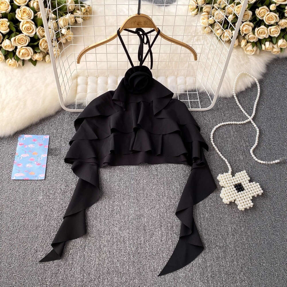 Designer pure desire 3D flower backless collar women's vest summer fashion with ruffled edges super fairy like