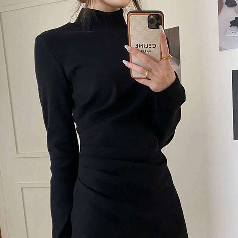Women Turtleneck Dress Autumn Winter Long Sleeve Bottoming Slender Dresses Elegant Ladies Folds Fashion Solid Simple Vestidos OL Z260314