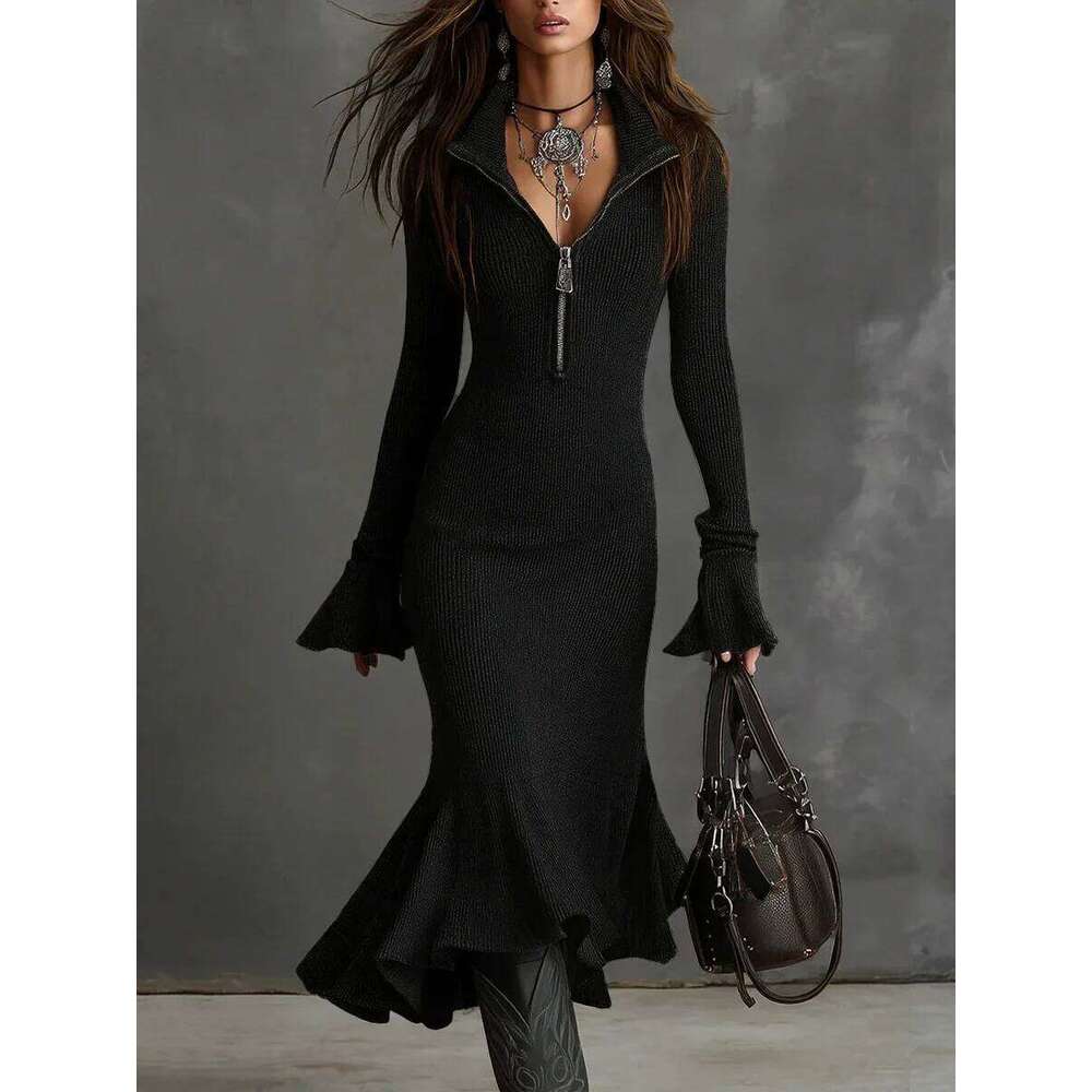 European American New Fashion Women's Slim Solid Color Casual Trendy Daily Turn-down Collar Long Sleeve Knitted Trumpet Dress Z260314