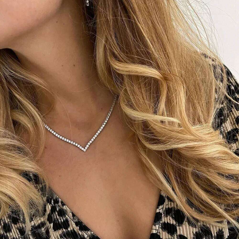 Fashion V Shape CZ Tennis Necklace for Women Gold Statement Iced Out Crystal Choker Collar Jewelry Accessories H260312