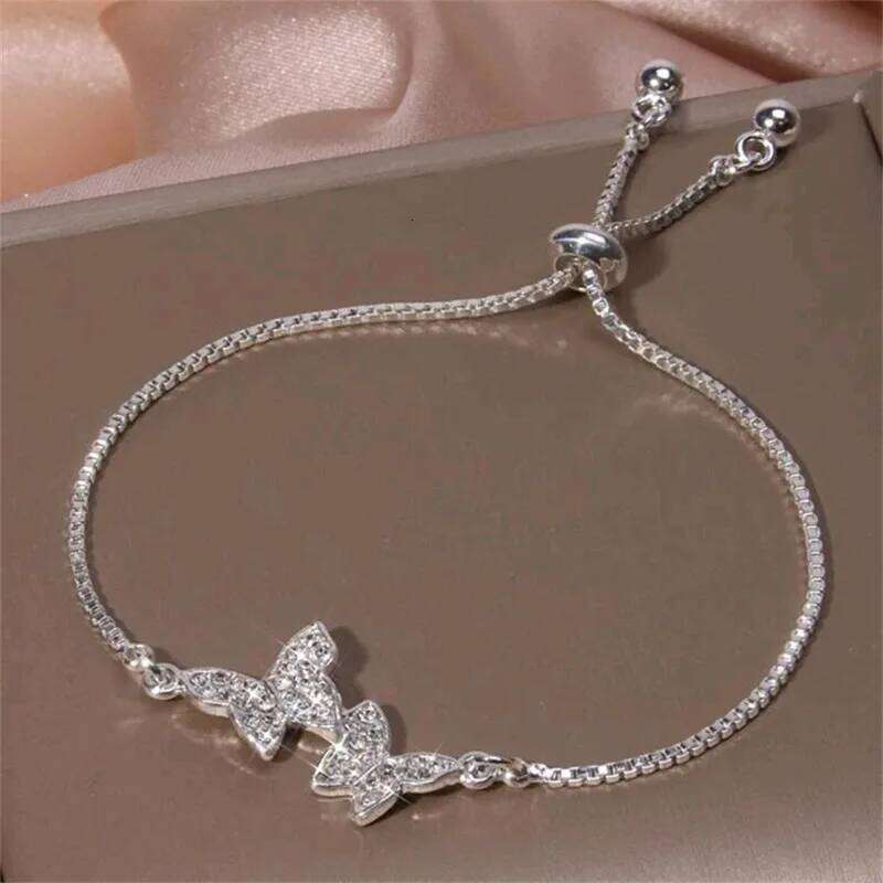 Korean New Luxury Silver Color Crystal Zircon Butterfly Women's Fashion Temperament Flower Adjustable Bracelet Jewelry Z260313