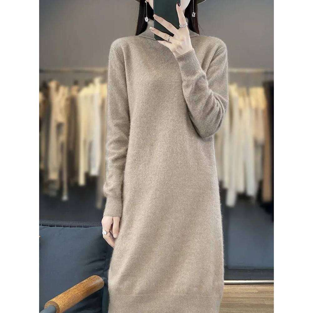 Aliselect 100% Mink Knitted Women High Lapel Fasion Sweater Pullover Turn-down Collar Cashmere Knee Length Dress Z260313