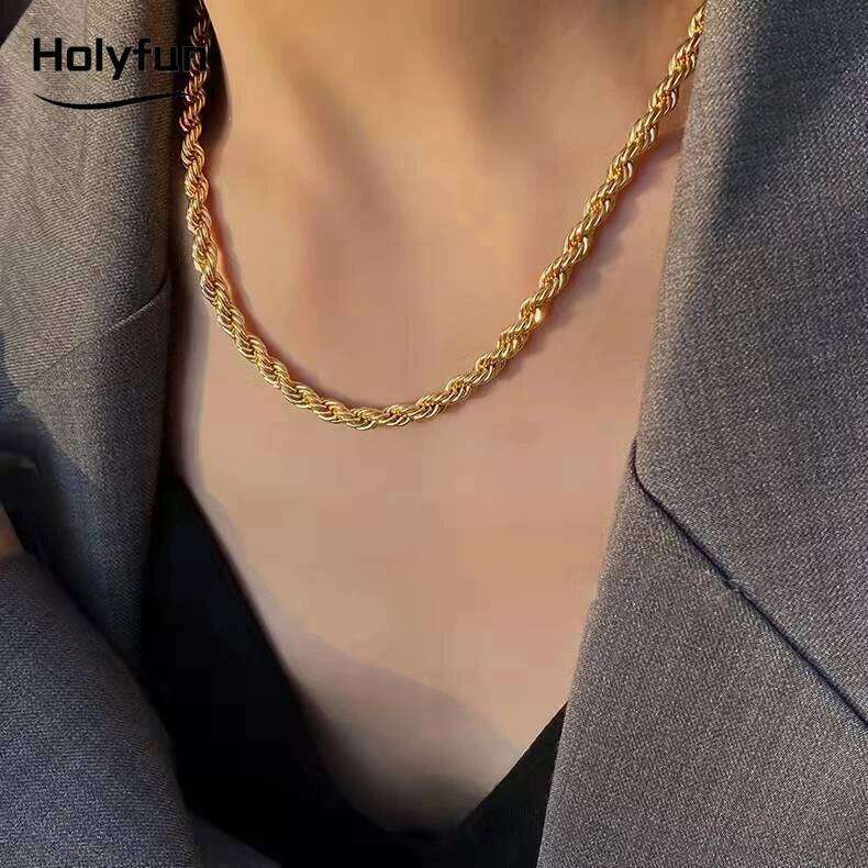 Ropes Long Necklace for Men Women,Stainless Steel Minimalist Twist Rope Necklace,Punk Gold Silver Black Color Chain H260312