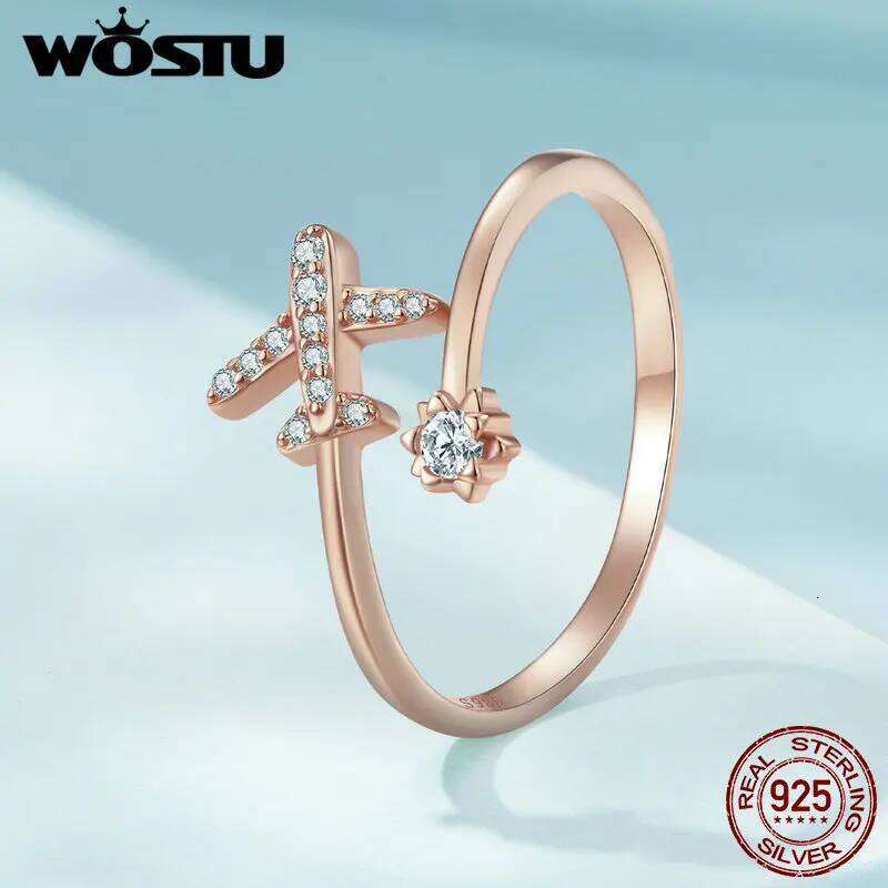 WOSTU 925 Sterling Silver Rose 18K Gold aircraft Opening Rings For Women Delicate Zircon Airplane Ring Party Jewelry Gift H260312