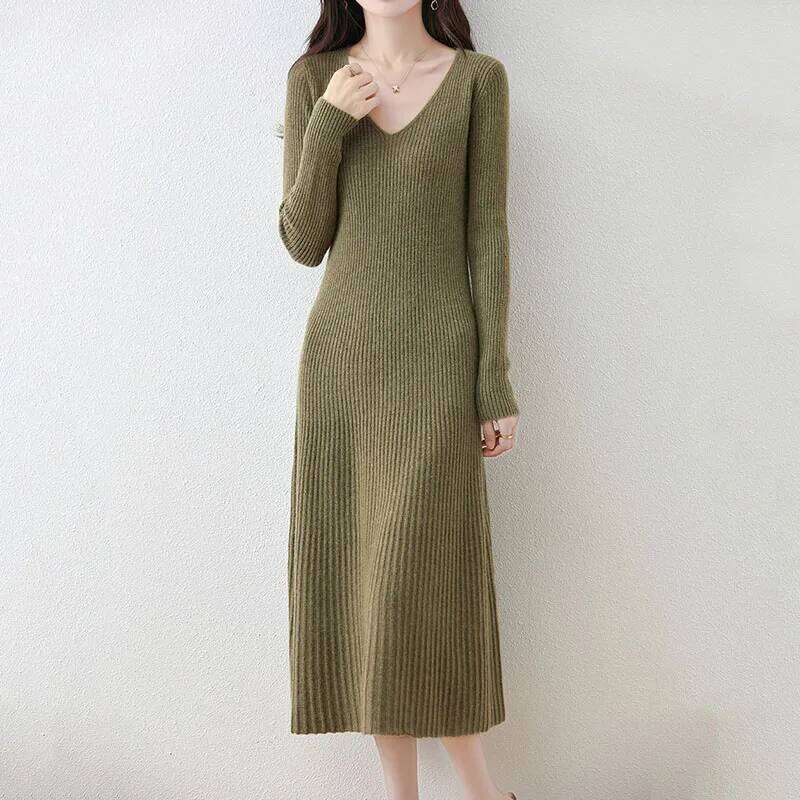 Solid Color Basic Sweater Dresses Women Casual All-Match V-Neck Sleeves Knitted Lady Soft Fit-Flare A-Line Long Dress Z260314