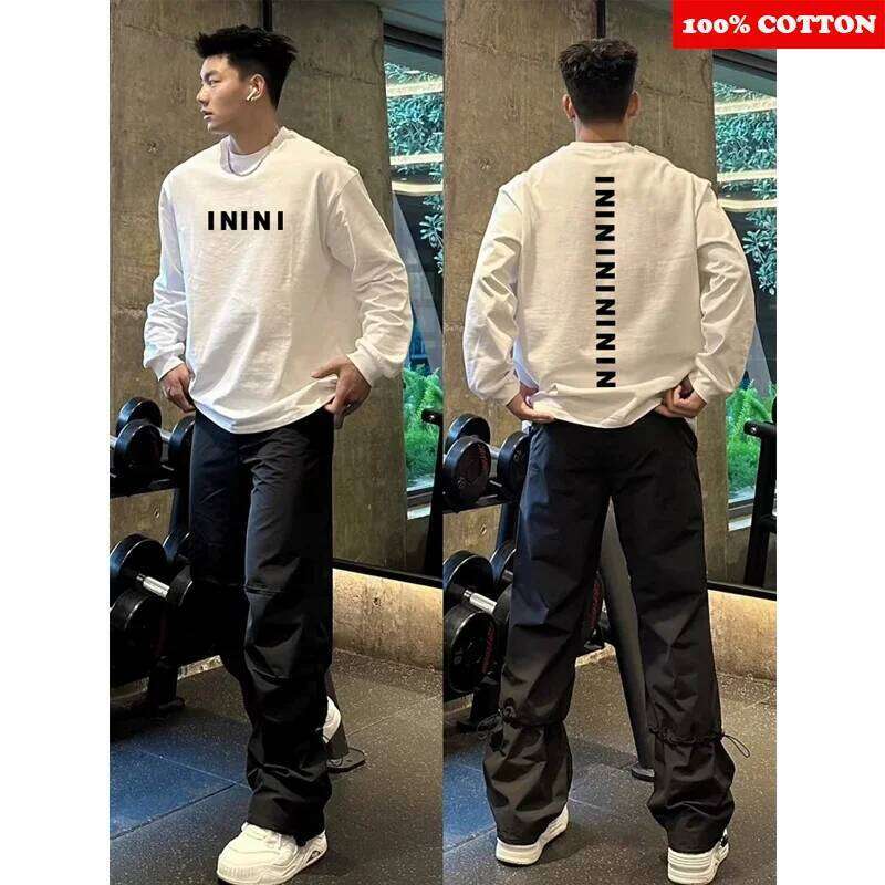 American Long sleeve White T-shirt Autumn 2025 New 100% Cotton Letter Print Gym Workout Shirt Loose Tee Y2k Top Men clothing Z260314