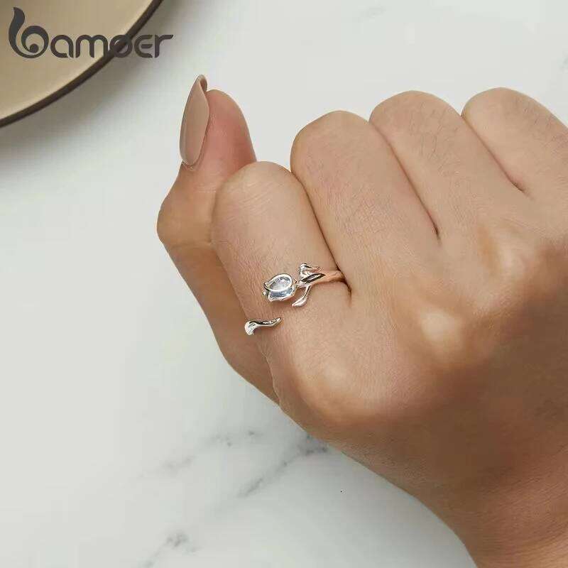 Bamoer 925 Sterling Silver Blue Tulip Opening Flower & Vine Adjustable Ring for Women Birthday Party Romantic Fine Jewelry H260312