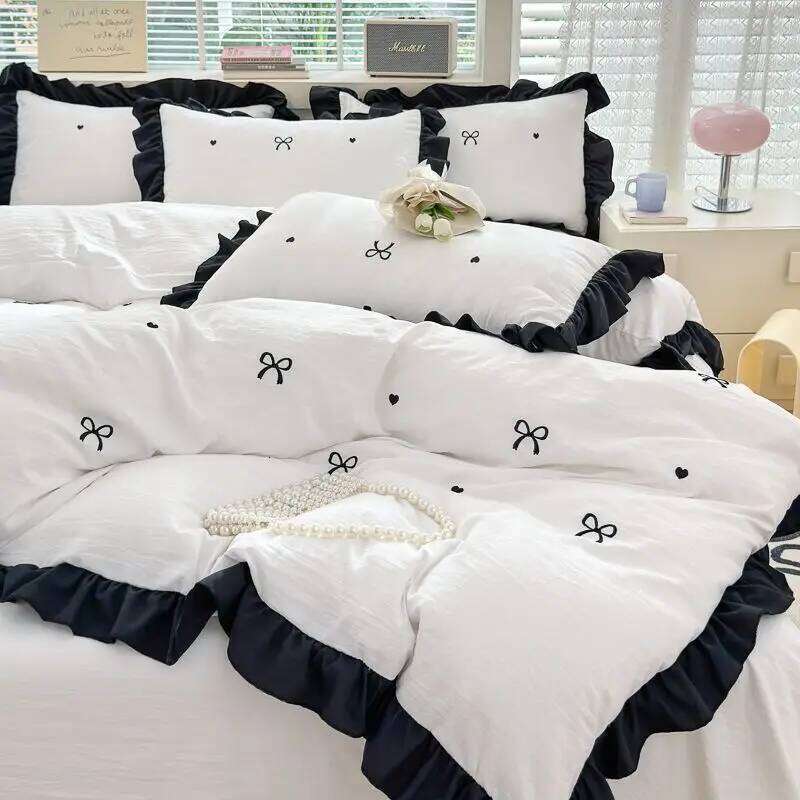 French Princess Style Lace Four-piece Washed Cotton Embroidered Quilt Cover Bow Heart Sheet Three-piece Bed Set H260312 - view 3