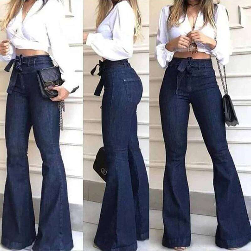 Elegant High Waist Lace-up Flare Pants For Women Hip Package Commuting Bell Bottom Denim Trousers 2025 Fashion Female Streetwear Z260313